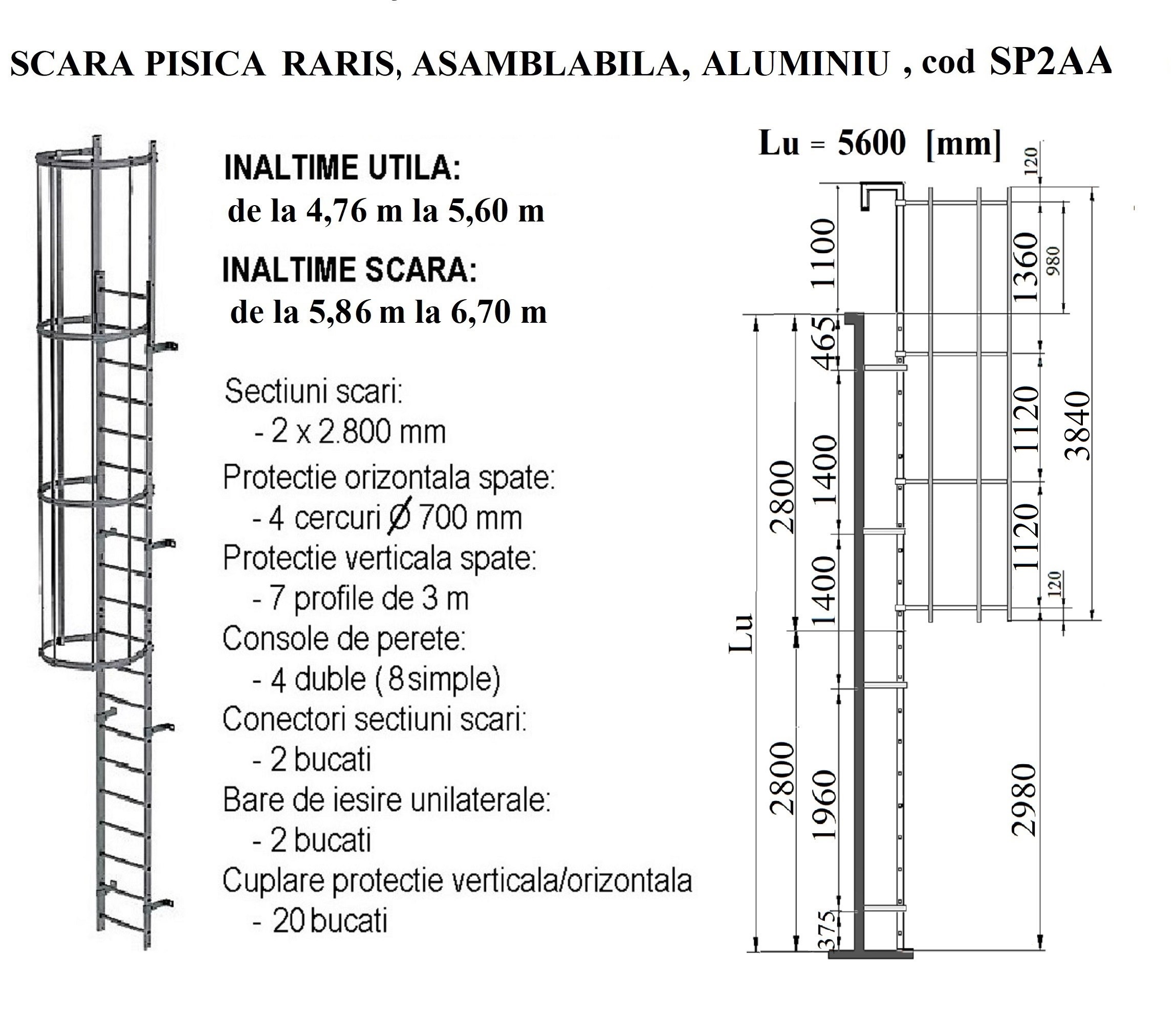 Scara pisica RARIS, asamblabila, din aluminiu, inaltime acoperis de la 4,76 m la 5,60 m, cod SP2AA